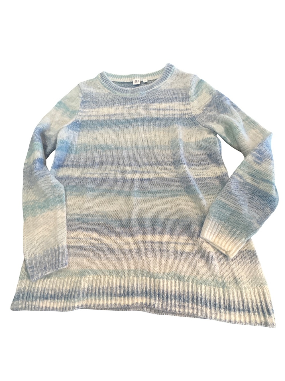 GAP Softgirl Blue White Space Dye Striped Fuzzy Knit Crewneck Sweater L Coastal